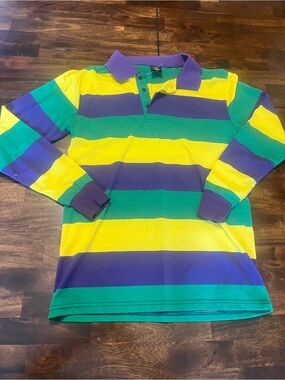 NOLA S&G Mardi Gras Long Sleeve Rugby Shirt with horizontal stripes in yellow, g